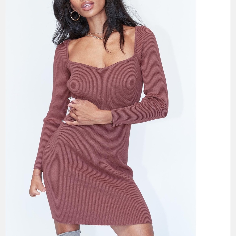 Ribbed Brown Long Sleeve Dress